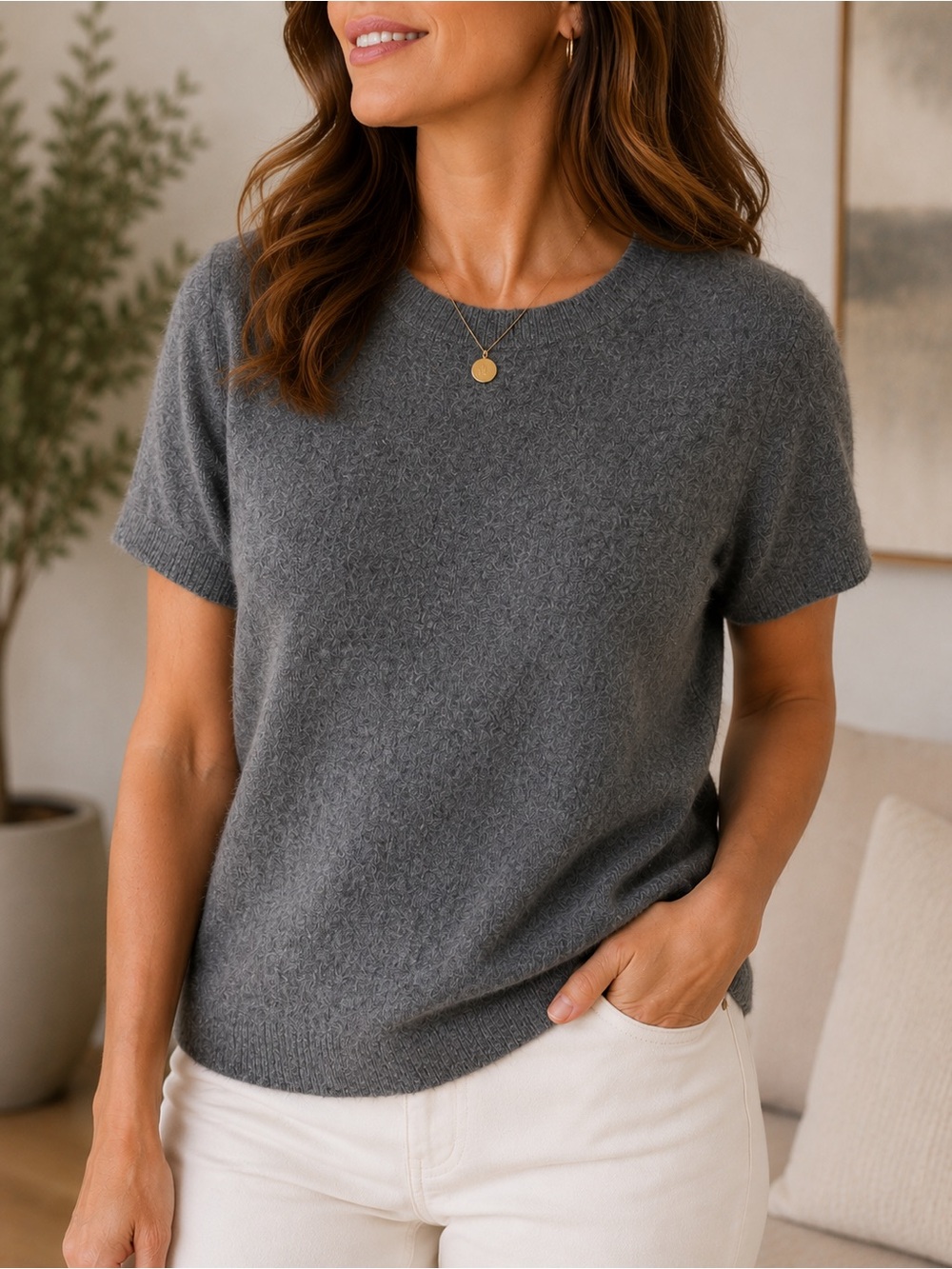 100% CASHMERE Verona Gray Heather Crewneck Short Sleeve Sweater Size Medium